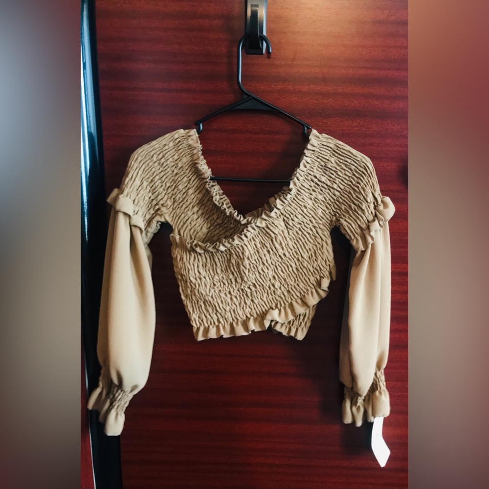 Smocked Crop Top with Balloon Sleeves in Tan